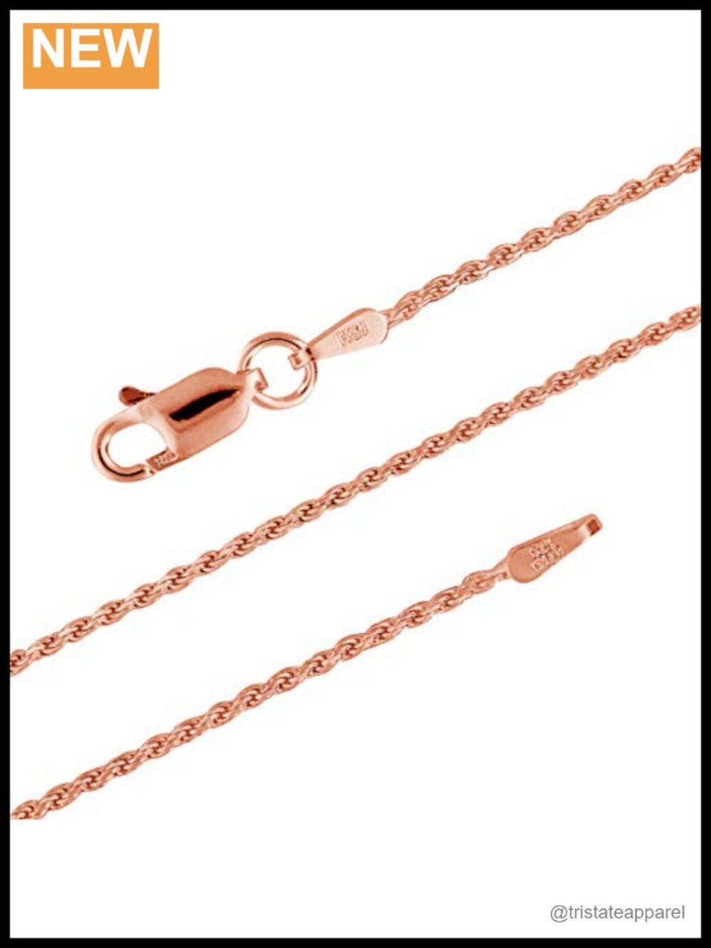 14kt Rose Gold Plated Sterling Silver 1.1mm Diamond-Cut Rope Chain Necklace